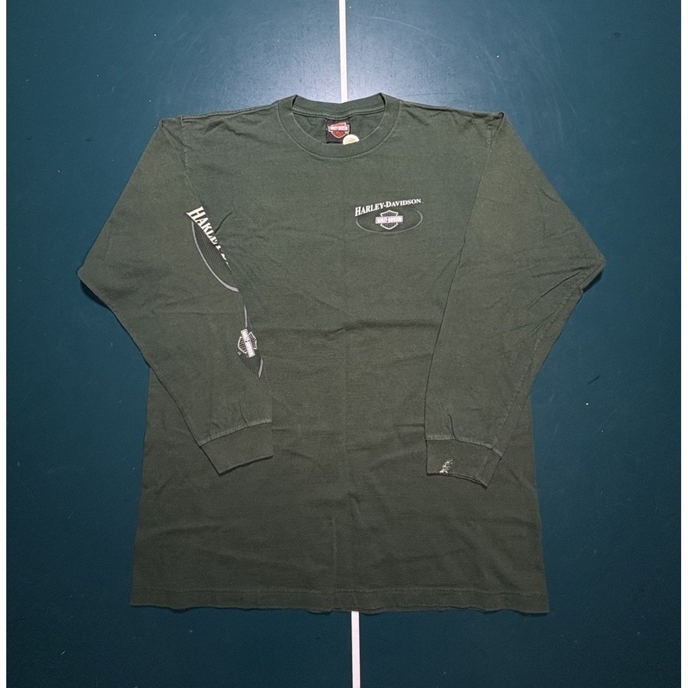 Vtg Y2k Harley Davidson Motorcycle Long Sleeve T Shirt Large Green‎ Sleeve Hits
